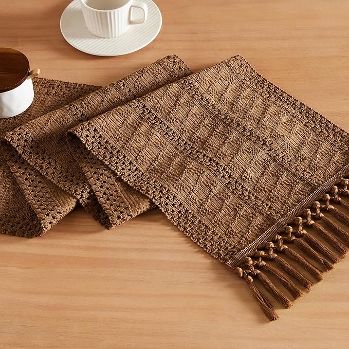 ZeeMart Macrame Style Boho Table Runner, Brown Table Runners 36 Inches Long, Farmhouse Woven Home Decor, 12x36 Inch, Caramel