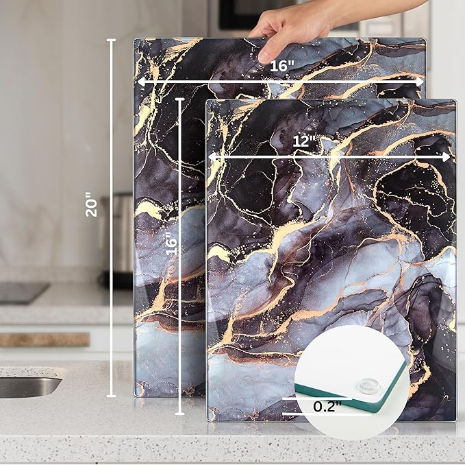 Kitchenville Glass Cutting Board 16"x12": Tempered Glass Kitchen Counter Protector - Durable- Scratch-Resistant, Heat-Proof - Design 8 - Grey & Gold