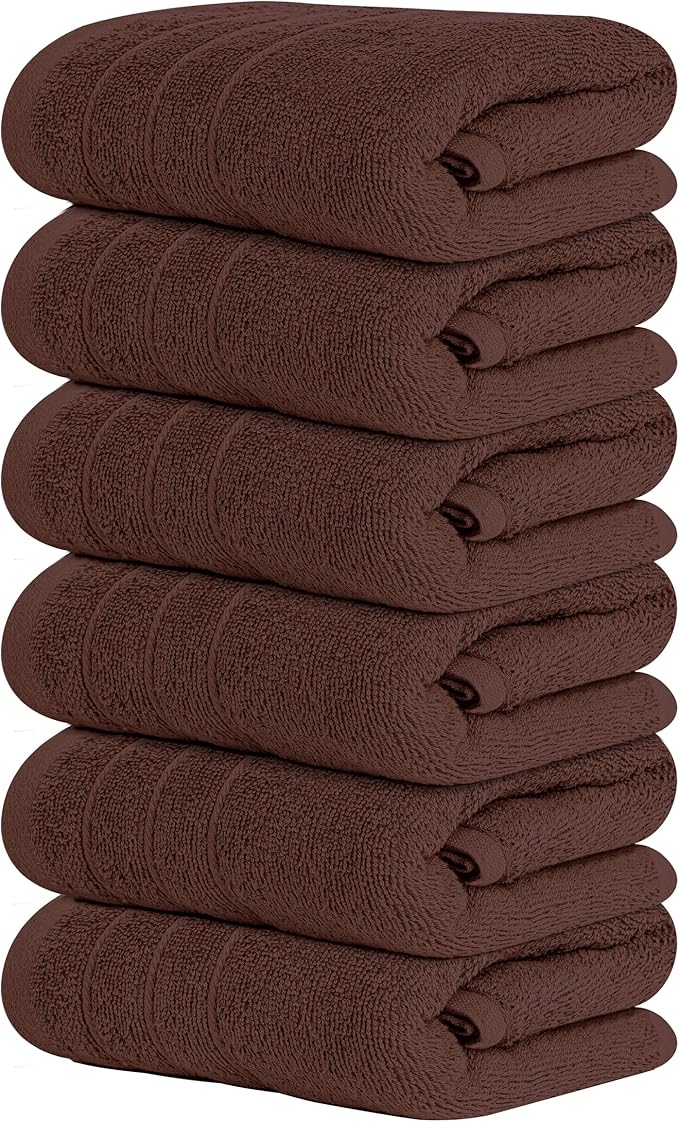 Tens Towels Pack of 6 Hand Towels, 100% Cotton, Lighter Weight, Quick to Dry, 16 x 28 Inches, Super Soft & Absorbent, Perfect for Bathroom & Kitchen (Brown)