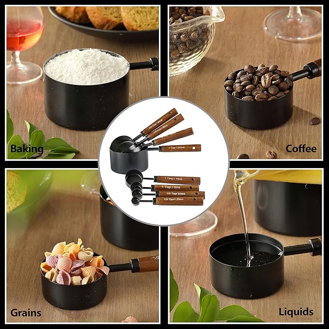 8PCS Measuring Cups and Spoons Set, DV Stainless Steel Measuring Cups with Ergonomic Wooden Handle for Cooking & Baking