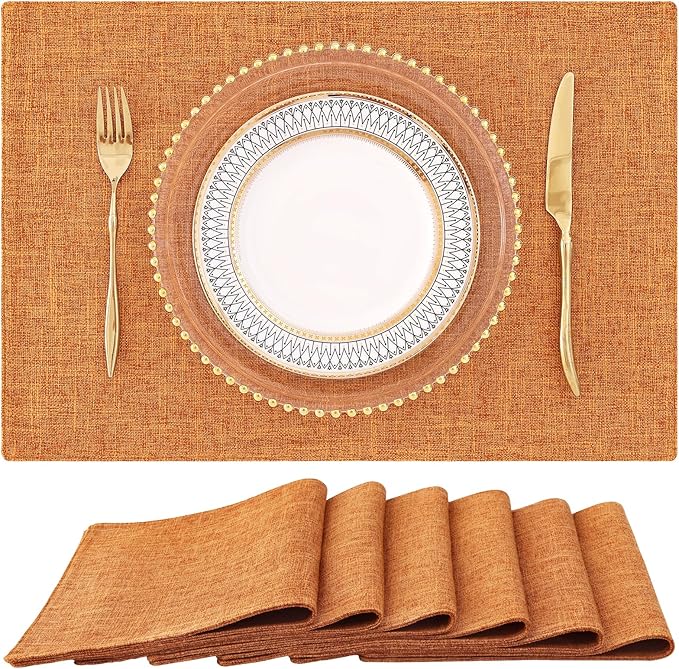 homing Cotton Linen Placemats Set of 6, Cloth Washable Farmhouse Dining Table Mats for Indoors & Outdoors, Easy to Clean, Orange, 13 x 19 Inch