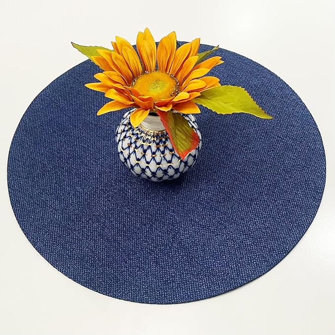 SLOW COW Linen Round Placemats for Dining Table Place Mats 15 inch Washable Set of 4 Dark Denim