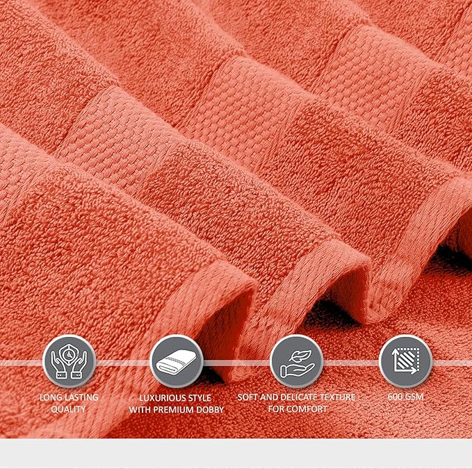 Oakias Premium Towel Set 600 GSM 6 Piece Coral - 100% Ring Spun Cotton Highly Absorbent Towels Set - Super Soft Bathroom Towel Set - Hotel Quality Double Stitched Hem - Ideal for Hotels, Spa, Gyms