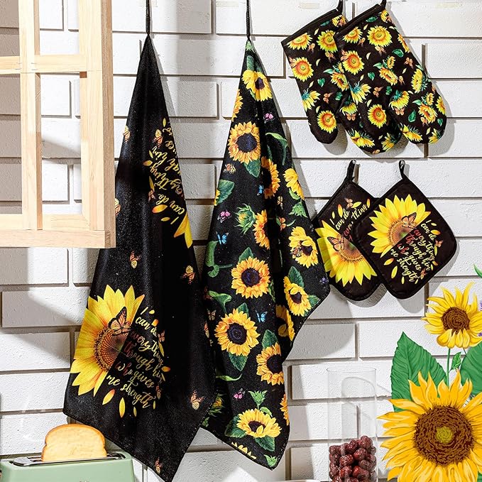 Bencailor 6 Pcs Spring Kitchen Decor Sunflower Pot Holders and Oven Mitts Sets Yellow Kitchen Towel 2 Farmhouse Cooking Mittens for Cooking Grilling Supply Accessories(Black,Sunflower)