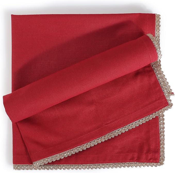 FINGERCRAFT Dinner Cloth Napkin Cotton Blend 12 Pack Mitered Corners with Elegant Golden Lace for Everyday Use Napkins are Pre Shrunk and Good Absorbency Wedding Christmas Special Color Tango Red
