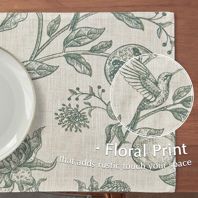 JINCHAN Linen Floral Placemats Set of Cloth Table Mats Rustic Cottagecore Botanical Outdoor Seasonal for Kitchen Dining Decor Heat Resistant Non-Slip Washable Tablemats 13x19 Inch Dark Green