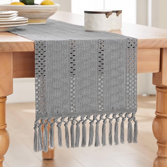 ZeeMart Macrame Style Boho Table Runner, Blue Grey Table Runners 48 Inches Long, Farmhouse Woven Home Decor, 12x48 Inch, Light Blue Grey