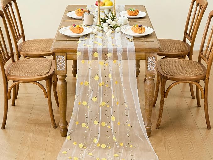 YATOJUZI Floral Table Runner Rustic Stereoscopic Embroidery Summer Decorations Seasonal Tulle Dining Table Runners for Home Kitchen Decor Wedding Shower Party