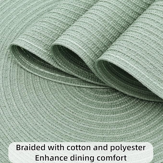 SHACOS Round Placemats Set of 4 Woven Braided Table Placemats 15 inch Cotton Polyester Place Mats Washable Table Mats Indoor Outdoor, Sage Green