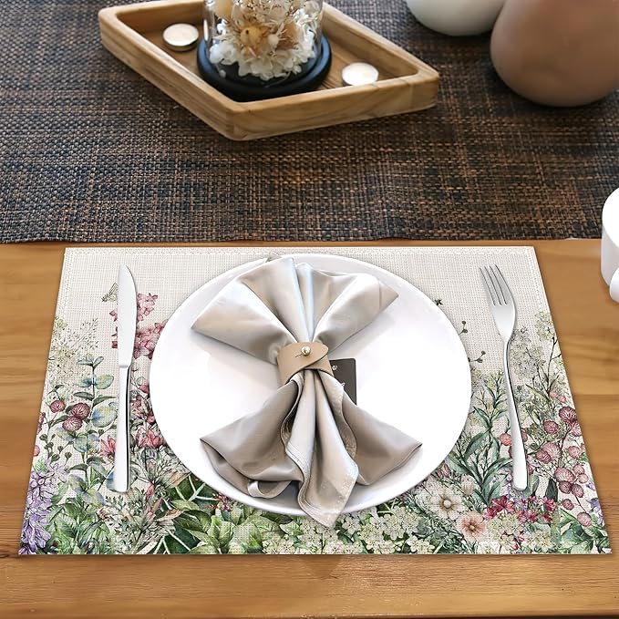 Placemats Set of 6,Wildflower Linen Table Mats Spring Floral Butterfly Heat Resistant Place Mats Washable Dining Table Mats for Indoor Outdoor Kitchen Decor Easy Clean 12 x 18 Inch