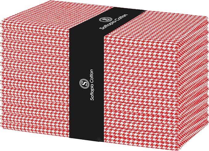 Napkins 100% Cotton Decorative Napkin Washable Houndstooth Check Cloth Napkins Set of 12 for Home, Wedding, Restaurant, Buffet Party & Camping - Red (18”X18”)
