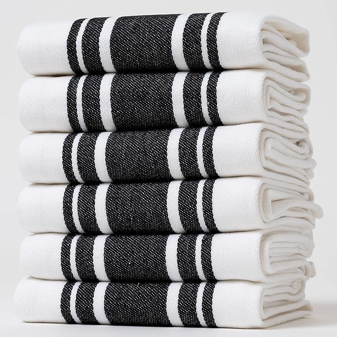 Kitchen Towels Set – Pack of 6 (20’’ x 30’’) Extra Large Premium Cotton Dish Towels for Kitchen – Super Striped Towels – Absorbent – 100% Cotton – with Hanging Loop – Black