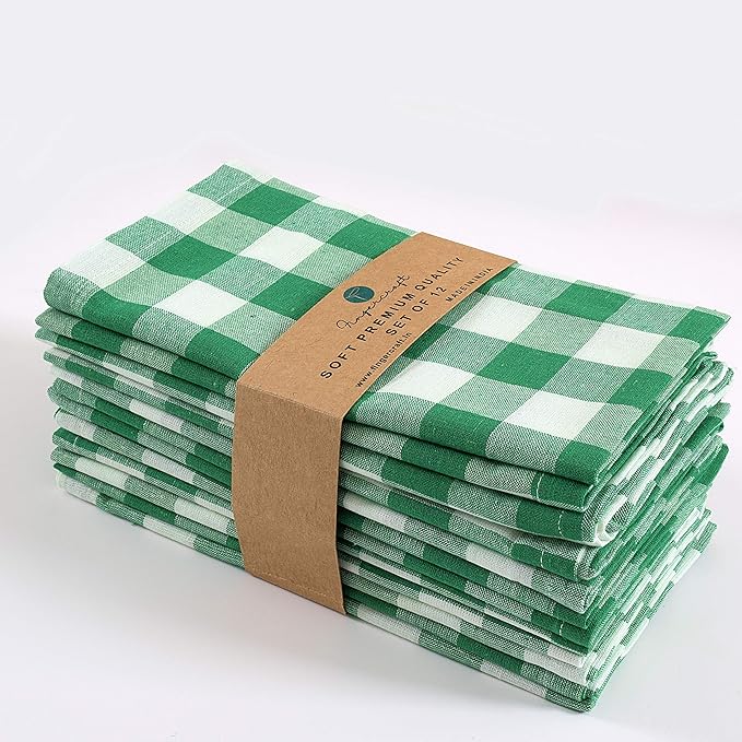 FINGERCRAFT Cloth Napkins, Everyday Use Premium Quality Cotton Buffalo Plaid, Set of 12, 20X20 Inch Napkins Cloth Mitered Corners, Soft, Durable for Home Restaurant Christmas Green White