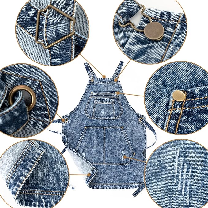 Jeanerlor - Cotton Tool Denim Work Apron with Convenient Pockets for Women Cross Straps & Adjustable(Denim Blue)