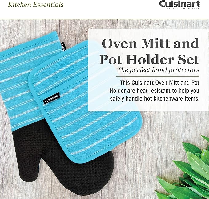 Cuisinart Neoprene Oven Mitts and Potholder Set -Heat Resistant Oven Gloves to Protect Hands and Surfaces with Non-Slip Grip, Hanging Loop-Ideal for Handling Hot Cookware, Twill Stripe Blue Curacao