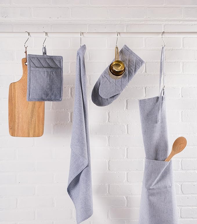 DII 100% Cotton Solid Chambray Kitchen Set, Potholders, Blue, 2 Piece