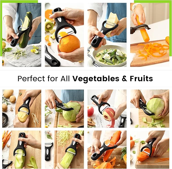 Spring Chef Vegetable Peelers for Kitchen - Stainless Steel Swivel, Y & Julienne Peelers, Potato Peelers with Soft Grip Handles, Kitchen Utensils Set of 3 for Fruits, Veggies, Apples, Carrots