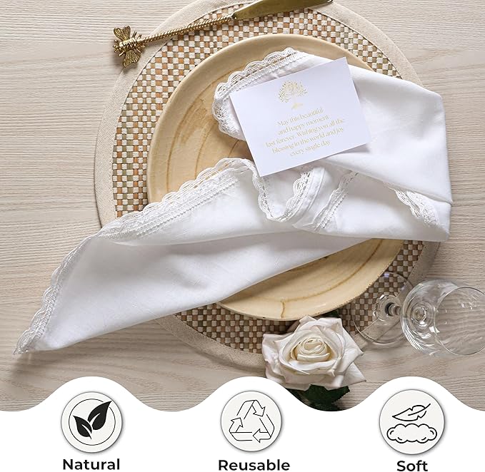 Ramanta Home White Coth Dinner Napkin Set of 12 Premium Easter Cotton 20X20 Inch Oversized Linen Flax Lace Soft & Durable Washable Ideal for Spring Basket Decor, Wedding Parties, Birthday