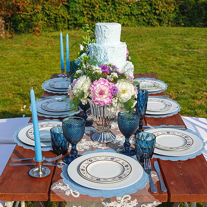 Set of 6 Blue Cotton Linen Placemats, 15x15 Scalloped Flower Embroidery Cloth Table Mats Double Layered Fabric Machine Washable Wrinkle Free Dining Placemat for Hotel Restaurant Kitchen Decor