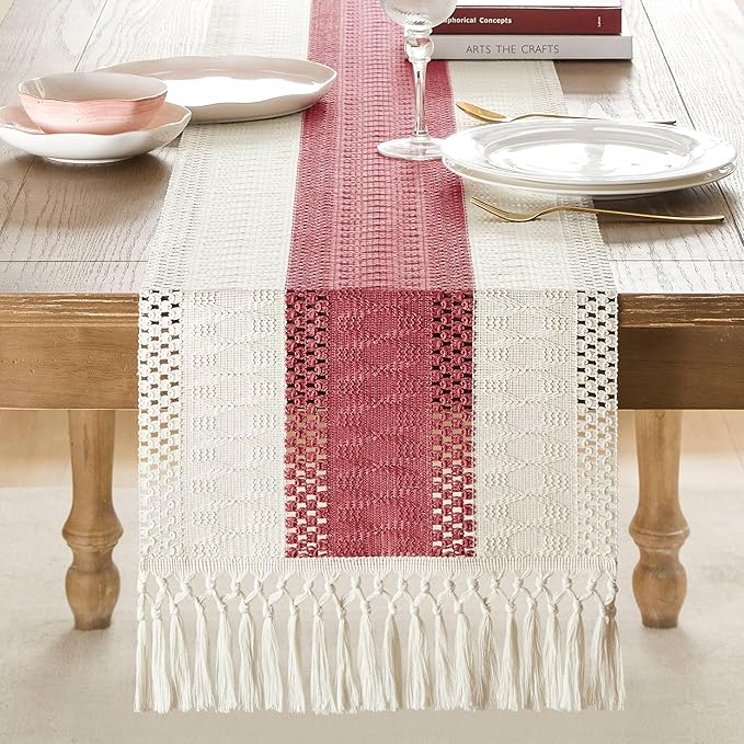 ZeeMart Macrame Style Bicolor Stitching Table Runner, 14 x 90 Inch Dusty Rose/Ivory, Boho Pink Table Runners 90 Inches Long, Farmhouse Woven Home Decor
