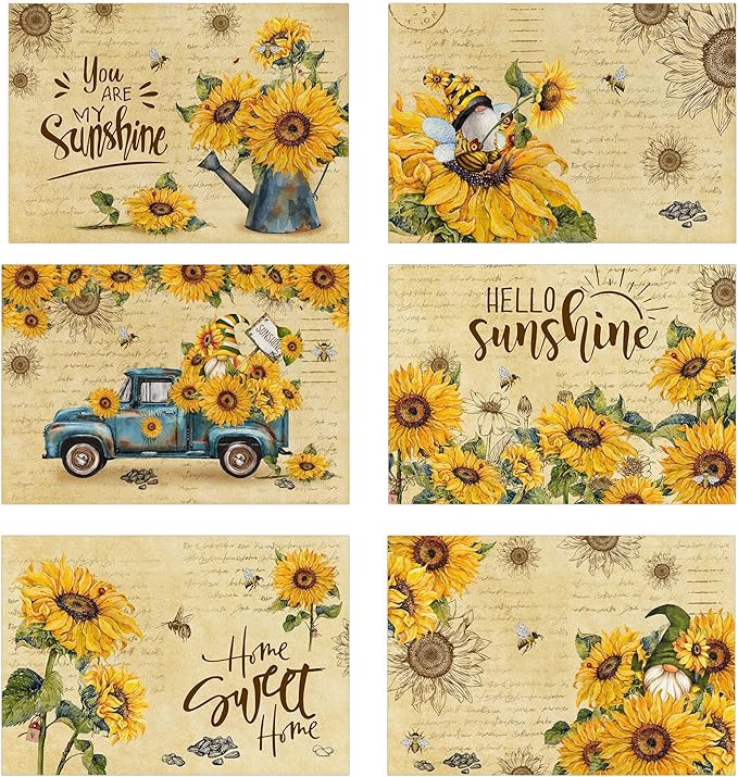 pinata Sunflower Linen Square Spring Placemats Set of 6, Sunflower Table Decor, Vintage Spring Summer Gnome Truck Washable Table Mats for Farmhouse Holiday Indoor Outdoor Party Dining Decoration