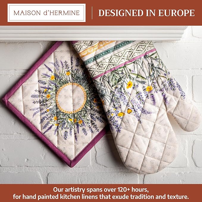 Maison d' Hermine 100% Cotton Oven Mitt & Pot Holder Set (7.5"x13" & 8"x8") Heat Resistant BBQ Cooking Gloves with Loop Baking Grilling Kitchen Gifts for Mothers Day Spring/Summer(Fanny Lavender)
