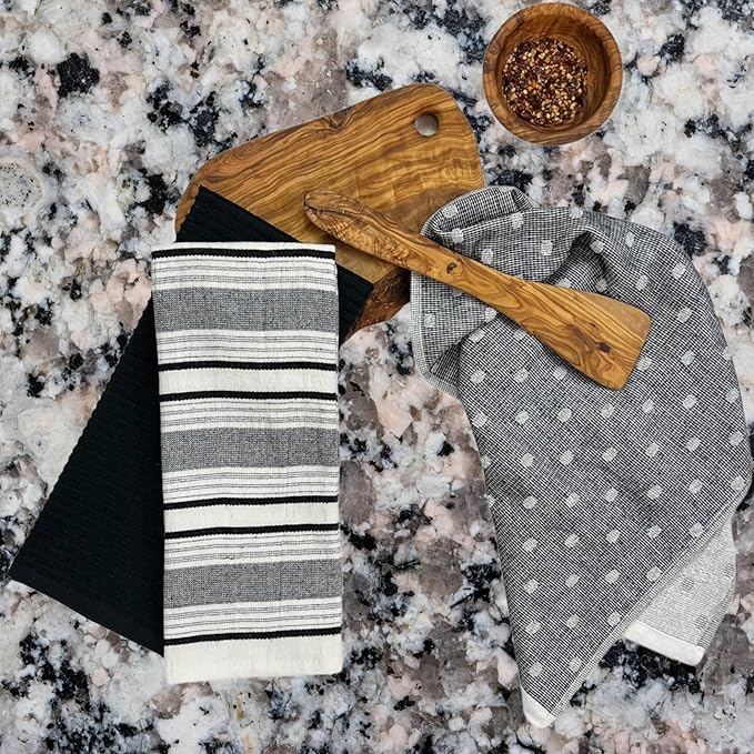 Black White Kitchen Hand Dish Towels: Oversized 28" x 16",100% Cotton Cloth Soft Cleaning Drying Absorbent Striped Solid Polka Dot Design, Set of 3 Multipurpose for Everyday Use (Black Austin)