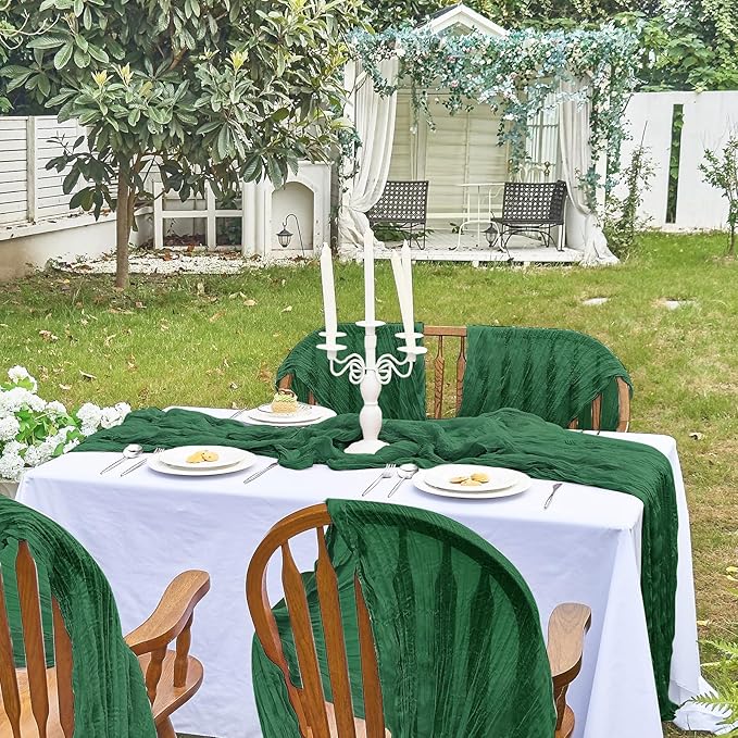 IVAPUPU 2 Pcs Cheesecloth Table Runner - 10ft Emerald Green Spring Boho Gauze Cheese Cloth Table Runners for Baby Shower Decorations Wedding Party Garden Decor