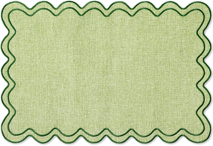 Whaline Green Placemats Embroidered Scalloped Kitchen Place Mats for Spring Baby Shower Party Home Dining Table Decor, Set of 6, 13 x 19 in