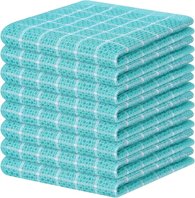 Homaxy 100% Cotton Dish Cloths, 8 Pack-12 X 12 Inches, Check Design Waffle Weave Dish Rags for Washing Dishes, Ultra Absorbent and Fast Drying Dishcloths, Aqua