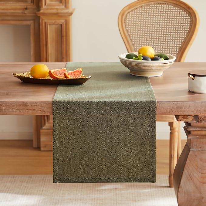 ZeeMart Rustic Cotton Linen Table Runner, 13x108 Inches Olive, Farmhouse Style Green Table Runners 108 Inches Long, Washable Kitchen Dining Table Decoration for Home Party Decor
