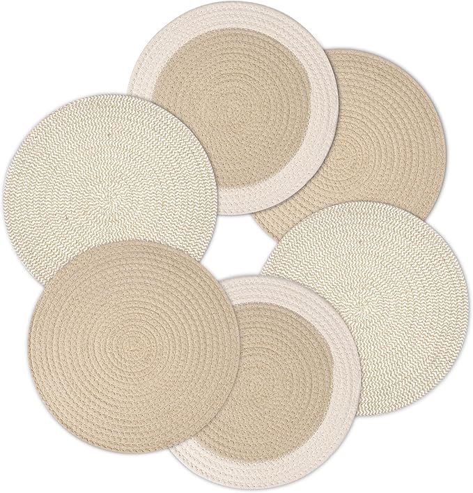 Encasa XO Dining Placemats Set of 6 | Cotton Round Table Mat - 13 in Diameter | Beige Mix Combo | Handmade Rib Style Chargers for Dinner Plates