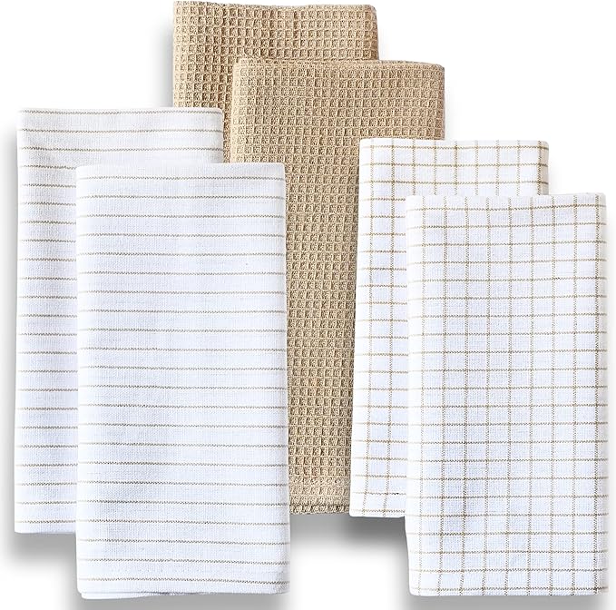 Highly Absorbent Cotton Kitchen Towels for Drying Dishes - Set of 6 Dish Towels - Narrow Beige Stripes Plaid Waffle Dishtowels - 18"X28" Large Lint Free Linen Tea Hand Bulk T Towls