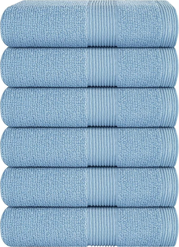 Belizzi Home Ultra Soft 6-Piece Hand Towel Set 16x28-100% Ringspun Cotton - Durable & Highly Absorbent Hand Towels - Ideal for use in Bathroom, Kitchen, Gym, Spa & General Cleaning - Sky Blue