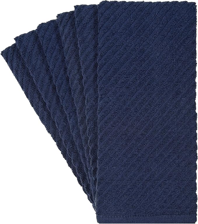 Premium Kitchen Towels (16”x 25”, 6 Pack) | Large Cotton Kitchen Hand Towels | Dish Towels | Diagonal Weave Design | 445 GSM Highly Absorbent Tea Towels Set with Hanging Loop | Navy