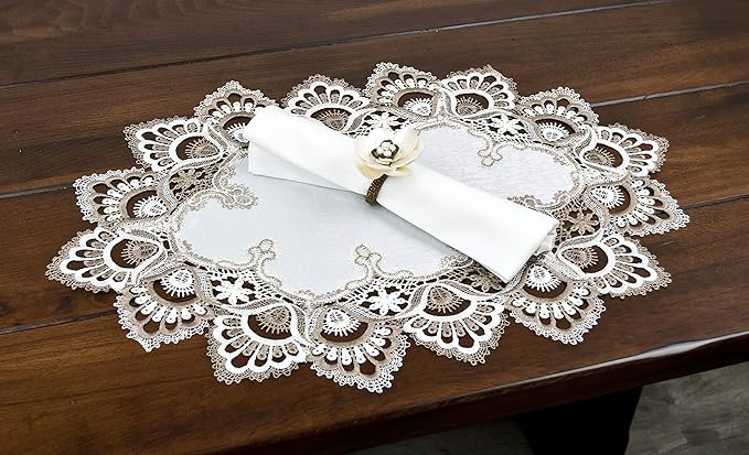 LINENS ART AND THINGS Lace Placemats Cocoa Earth Tone and White Jacquard European Peacock Dresser Scarf Doily (12Wx21L Set of 2)
