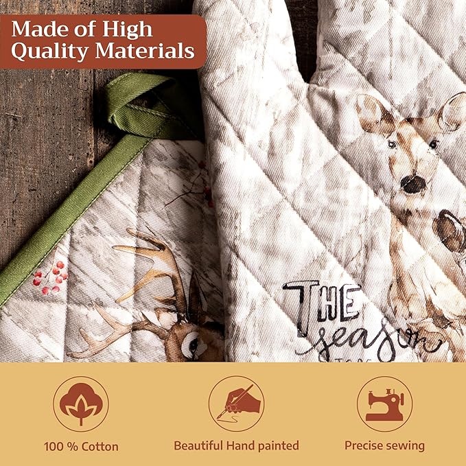 Maison d' Hermine 100% Cotton Oven Mitt & Pot Holder Set (7.5"x13" & 8"x8") Heat Resistant BBQ Cooking Gloves with Loop for Thanksgiving Christmas Decorations Handling Hot Pans (Mountain Life)