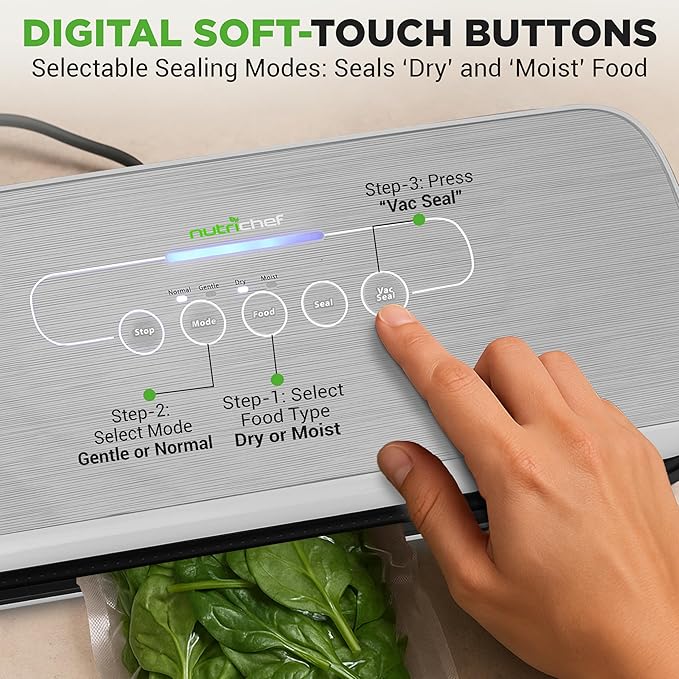 NutriChef Automatic Food Vacuum Sealer, Electric Air Sealing Preserver System for Dry and Moist Foods, LED Control, Strong Suction, Includes Bags, Wine Stopper Cork, and Air Suction Hose, 14”x6”x3”