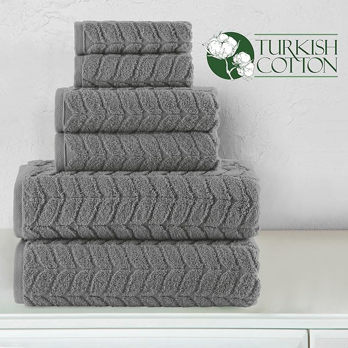 Elegant Comfort Luxury 6-Piece 100% Turkish Cotton Jacquard Braided Textured Premium Hotel Quality Towel Set– Soft and Absorbent, Includes 2 Bath Towels, 2 Hand Towels and 2 Washcloths, Gray