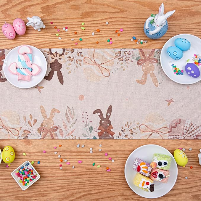 QINJIEJIE Easter Runner Mantel Decor, Egg Bunny Table Runner, Farmhouse Vintage Indoor Seasonal Spring Kitchen Decorations for Home Party Decor Table Runner 13x72 Inch (Bunny Rabbit)