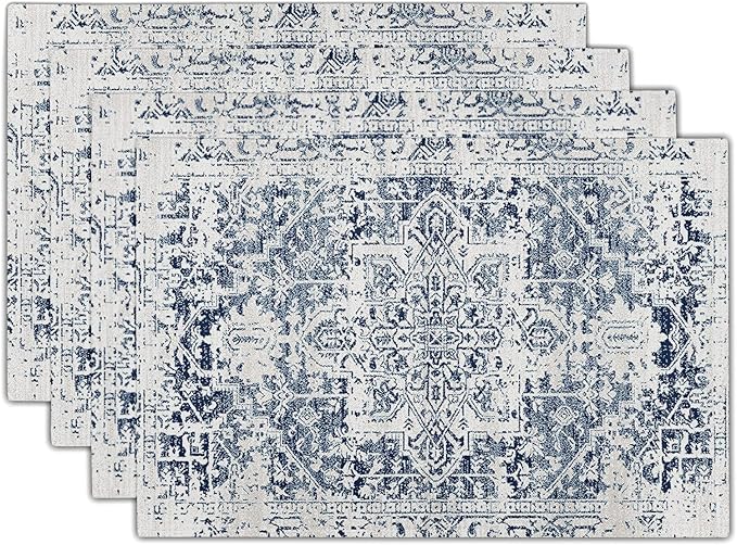 aportt Navy Blue Grey Ethnic Boho Placemats Set of 4 Bohemian Carpet Vintage Gray Linen Washable Kitchen Dining Table Mats Stain Heat-Resistant Desktop Decor Place Mats for Home Party Indoor 12x18 in