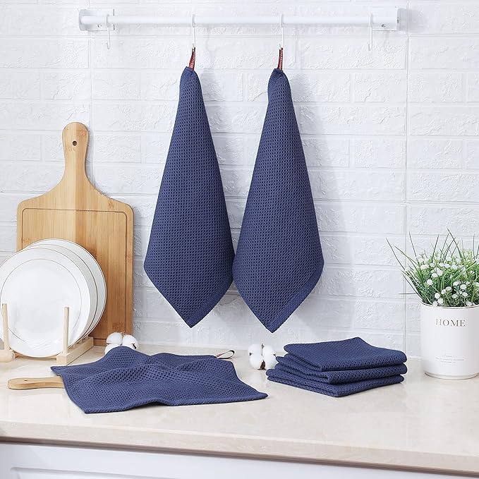 Kitinjoy 100% Cotton Kitchen Dish Cloths (12 X 12 Inches, Navy Blue), 6 Pack Waffle Weave Ultra Soft Absorbent Dish Towels for Drying Dishes Quick Drying Kitchen Towels Dish Rags