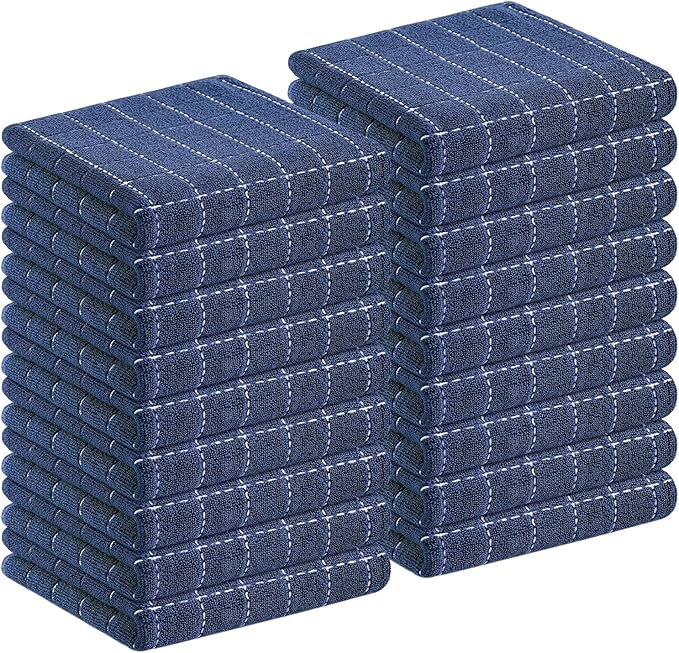 Homaxy 100% Cotton Terry Kitchen Towels(Navy Blue, 13 x 28 inches), Checkered Designed, Soft and Super Absorbent Dish Towels, 18 Pack