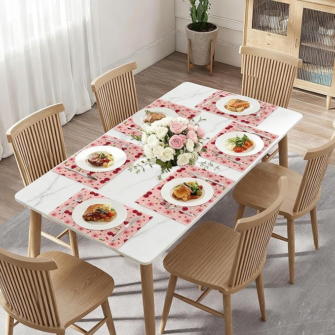 Cherry Placemats Set of 6,Pink Flowers Washable Kitchen Dining Linen Table Mats for Home Party Dinner Indoor Outdoor 12x18Inch