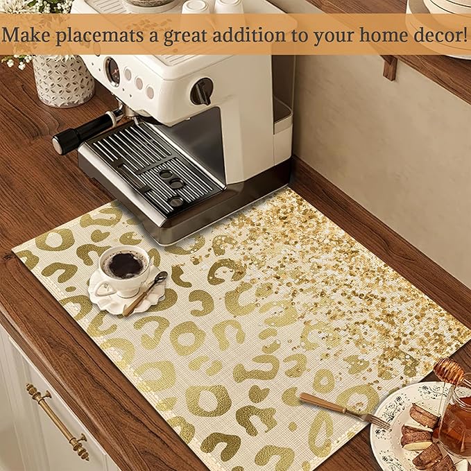 Gold Glitter Leopard Placemats Set of 6 Place Mats for Kitchen Table Washable Farmhouse Linen Table Mats Dining Decoration 12x18 Inch