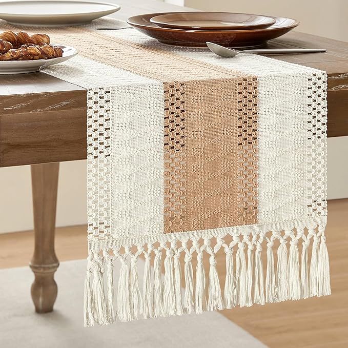ZeeMart Macrame Style Bicolor Stitching Table Runner, 14 x 108 Inch Beige/Ivory, Boho Light Tan Table Runners 108 Inches Long, Farmhouse Woven Home Decor