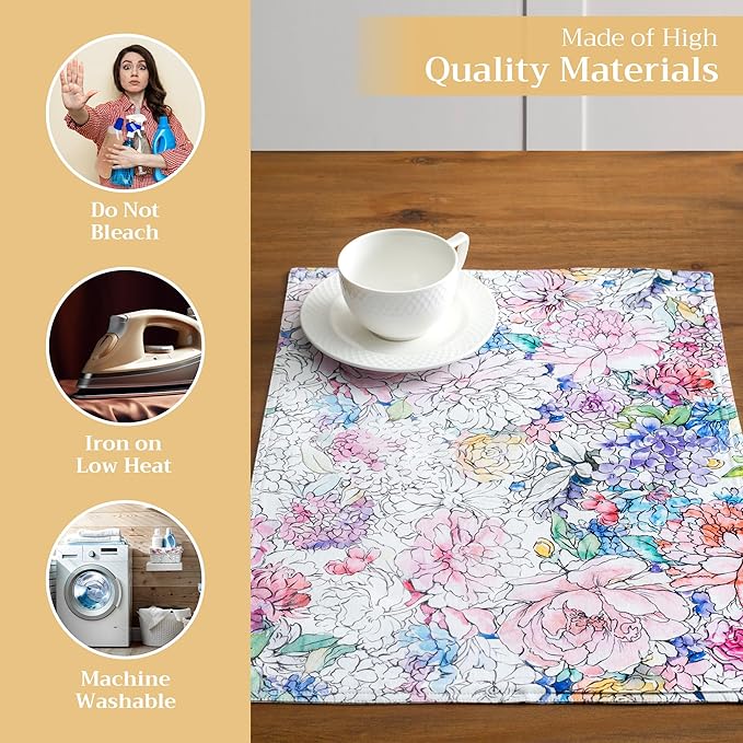 Maison d' Hermine Placemats Set of 4 100% Cotton Washable Cloth Place Mats Reusable Table Mats for Kitchen Dining Party Wedding Gifts for Mothers Day Spring/Summer (Floral Love, 13" x 19")