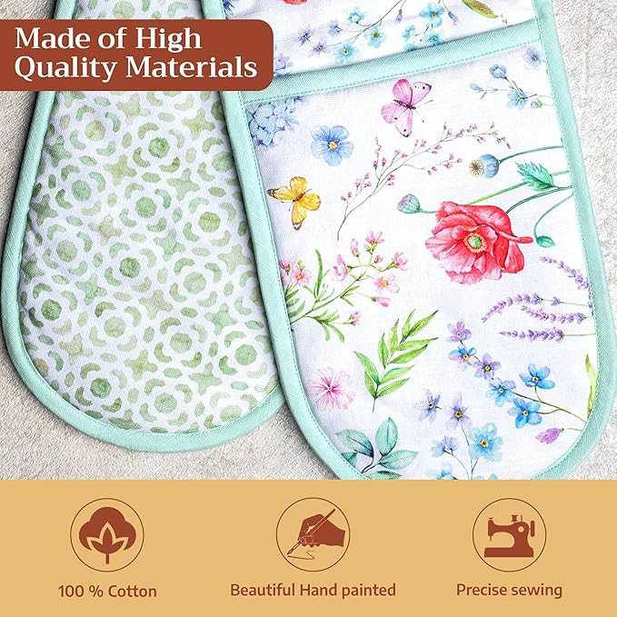 Maison d' Hermine Double Oven Mitts 100% Cotton 7"x35" Double Oven Mitt Heat Resistant BBQ Cooking Gloves with Loop Baking Grilling Gifts for Mothers Day Spring Summer (Just Floral)