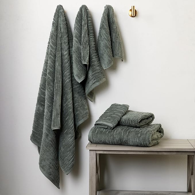 SKL Home CloudSoft 100% Cotton Luxury 6-Piece Towel Set, 600 GSM, Ultra Plush & Absorbent - 2 Bath Towels, 2 Hand Towels, 2 Washcloths, Green Pine