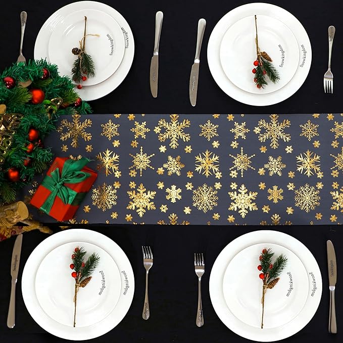 Snowkingdom 2 Pcs Christmas Snowflake Gold Table Runner, 108 Inch Sparkly Gold Glitter Metallic Foil Runners Decorations for Seasonal Winter Festival Holiday Home Party